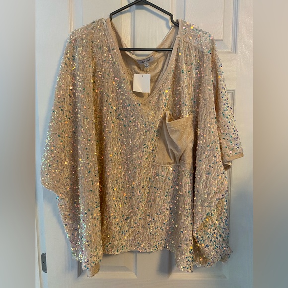 white birch Tops - White Birch Gold Sequin Short Sleeve Top - 3X